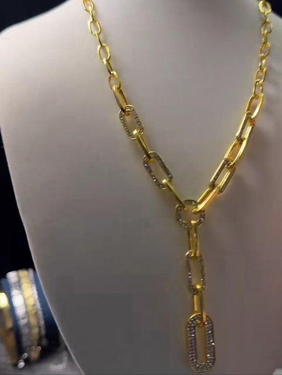 Jewelry - Gold Link Drop Necklace with Pavé Accents